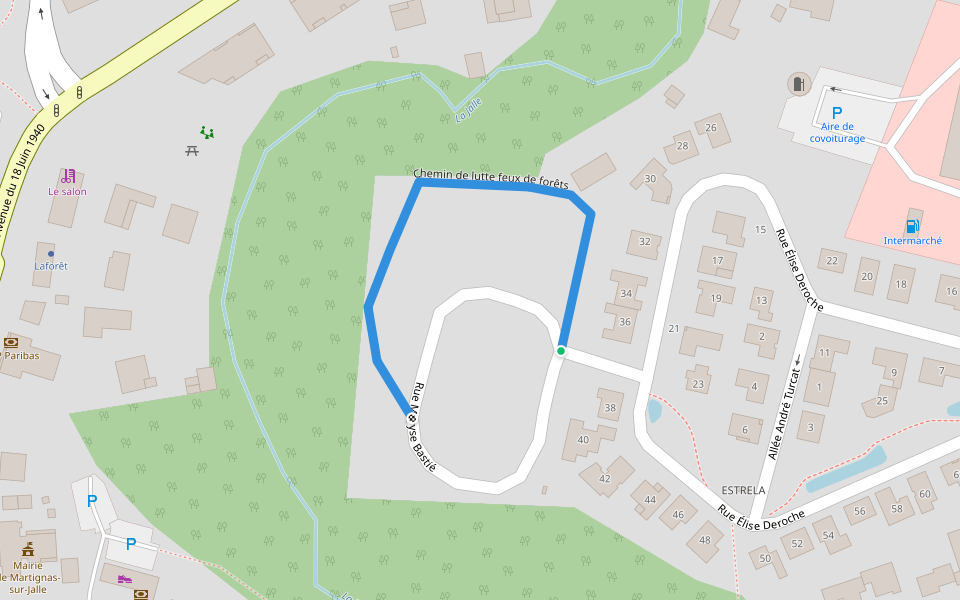 Chemin de lutte feux de forêts walking route map in Martignas-sur-Jalle