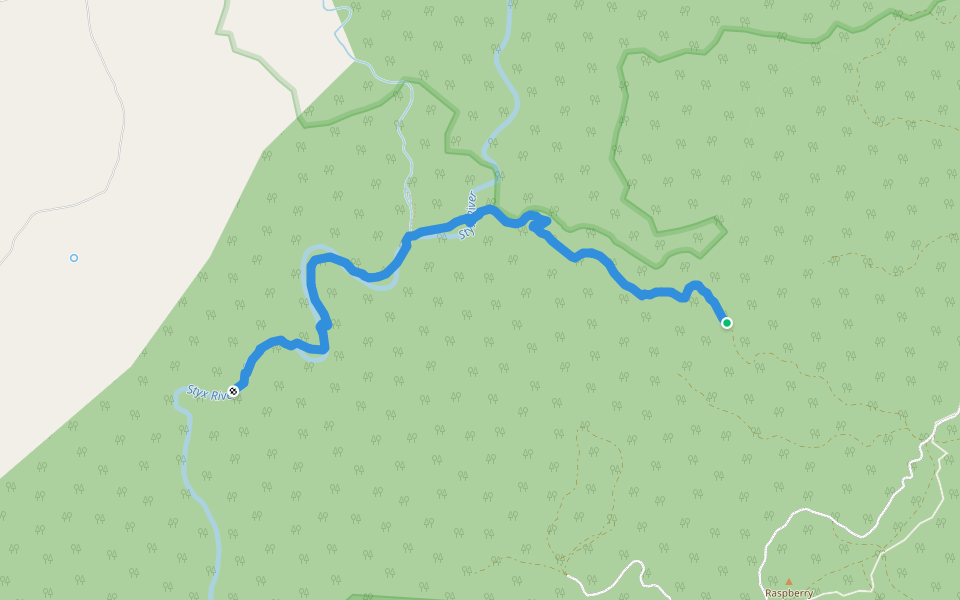 Walking trail to Styx River (unmarked) walking route map in Jeogla