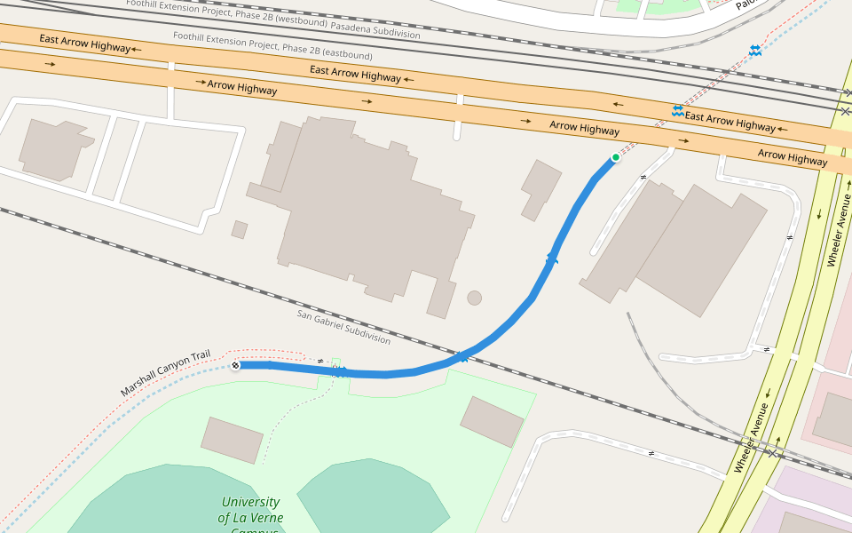 Marshall Canyon Trail - Caution slippery/ Caution flood walking route map in La Verne