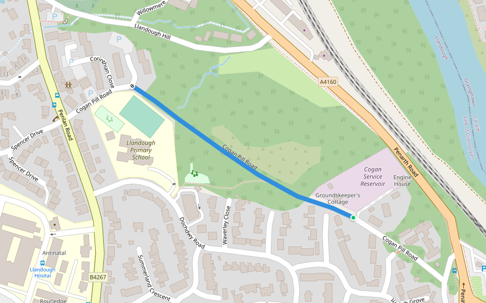 Cogan Pill Road walking route map in Llandough