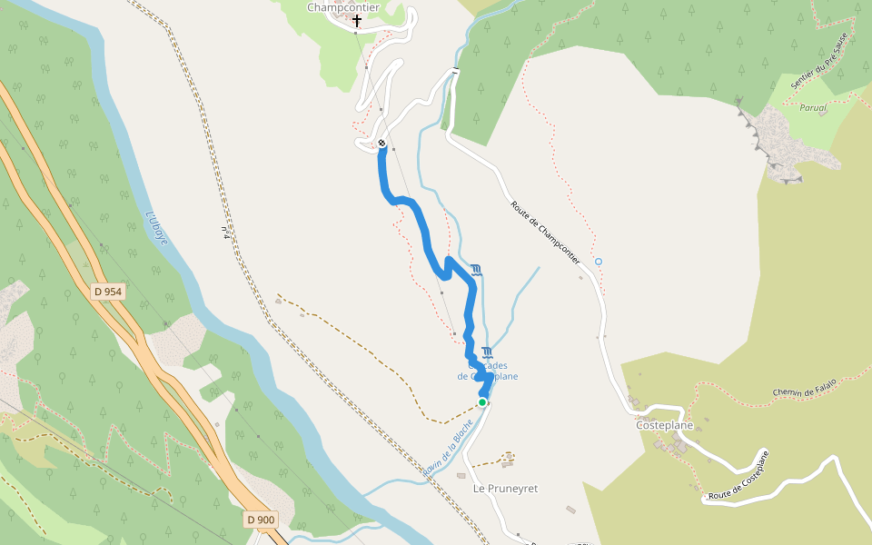 Chemin des Cascades à Champcontier walking route map in Le Lauzet-Ubaye
