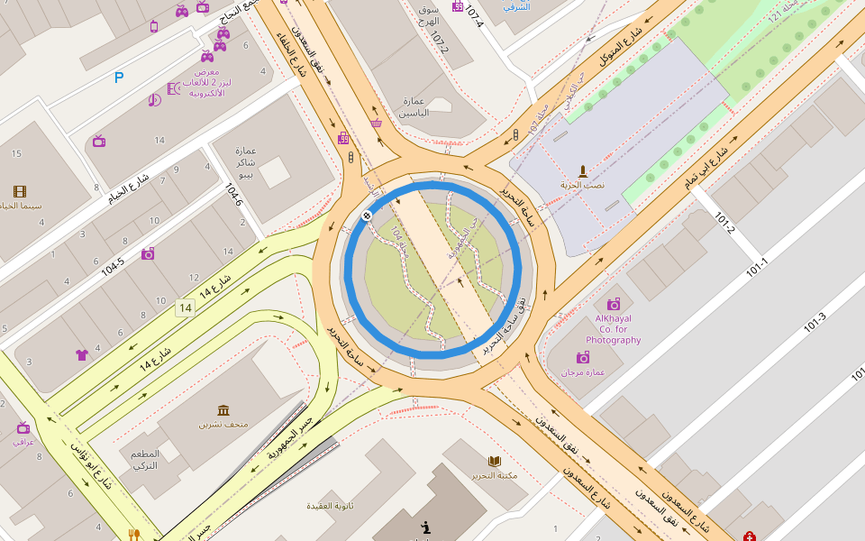 نفق ساحة التحرير walking route map in Baghdad