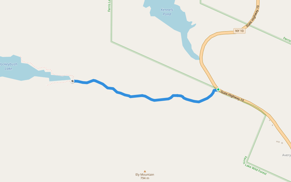 Jockeybush Lake trail (blue) walking route map in Caroga Lake