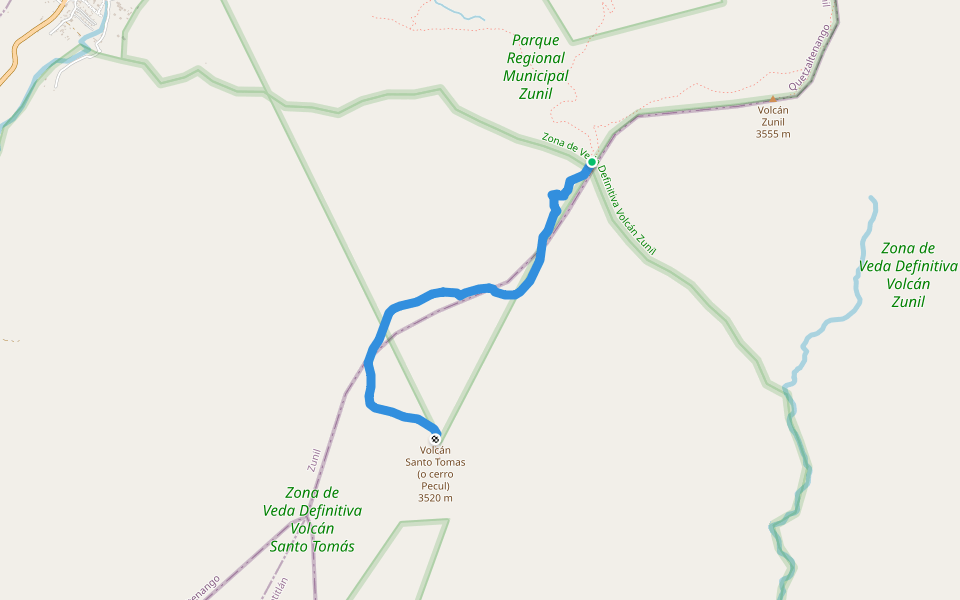 Ruta Volcanes Zunil-Santo Tomás walking route map in Quetzaltenango
