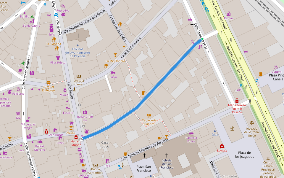 Calle Valentín Calderón walking route map in Palencia