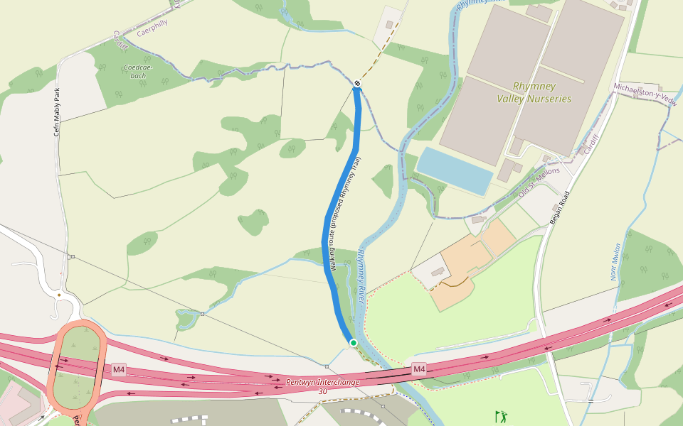 Walking route (proposed Rhymney Trail) walking route map in Pontprennau