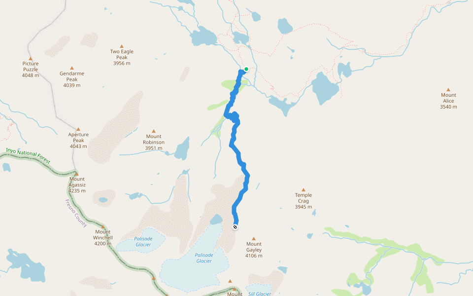 Palisade Glacier Trail walking route map in Big Pine