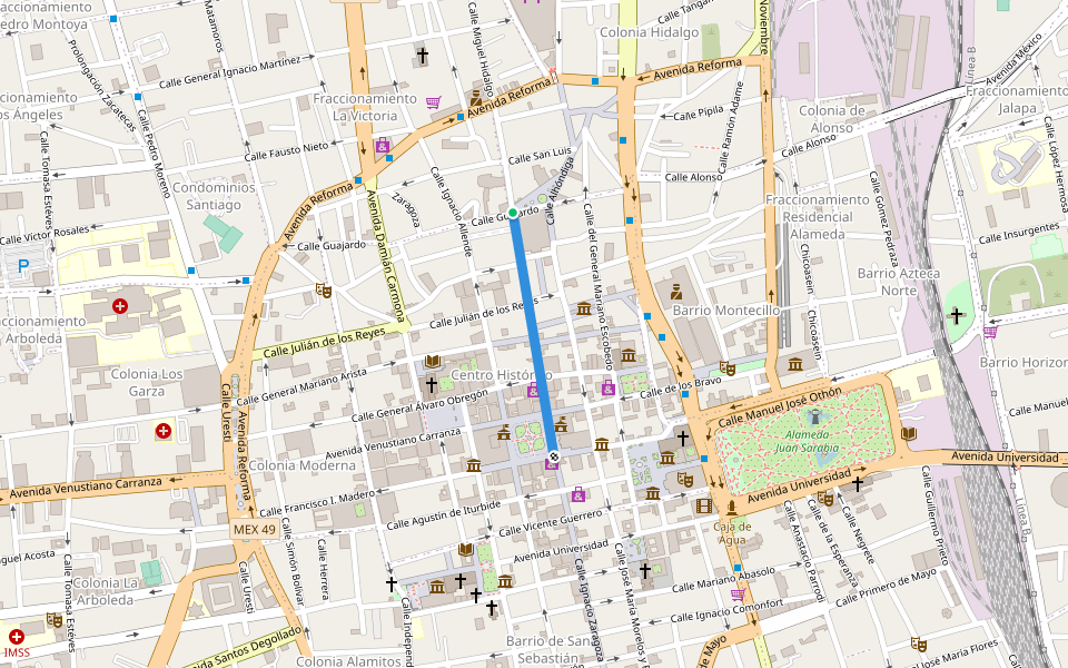 Calle Miguel Hidalgo walking route map in San Luis Potosí