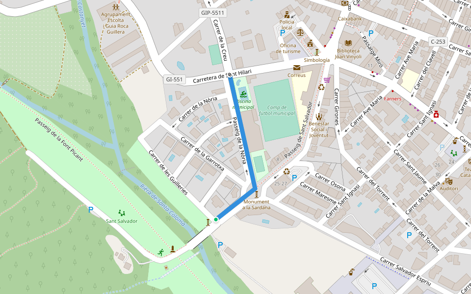 Passeig de la Nòria walking route map in Santa Coloma de Farners