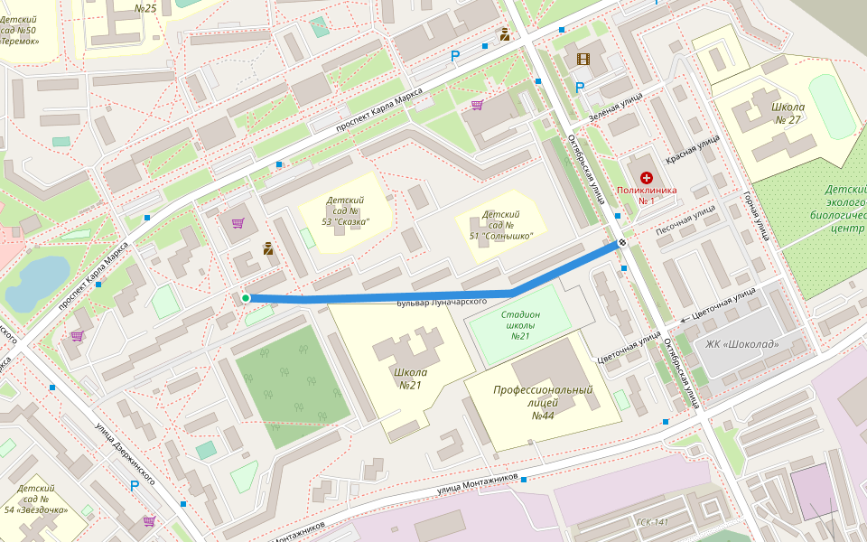 бульвар Луначарского walking route map in Снежинск