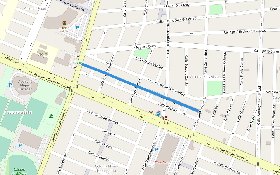 Calle Pasaje Colores walking route map in San Luis Potosí