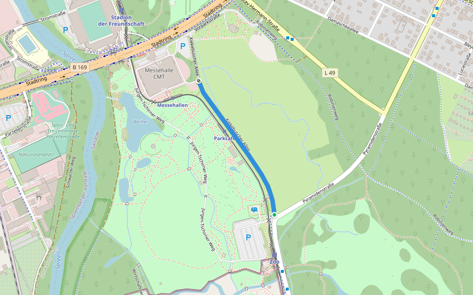 Kiekebuscher Allee walking route map in Cottbus