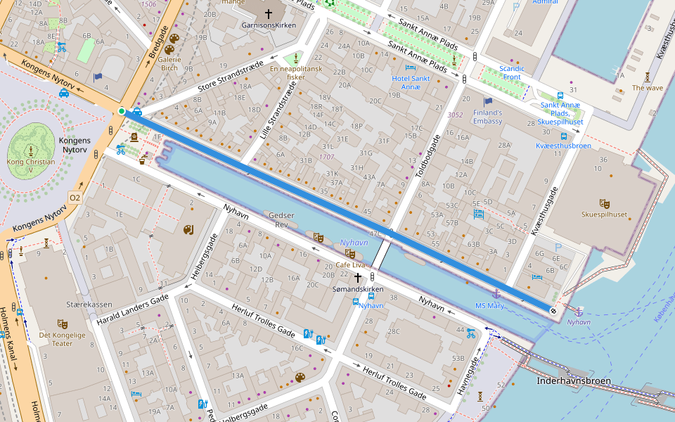 Nyhavn walking route map in København