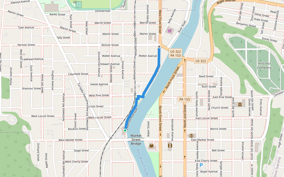 Clearfield Riverwalk walking route map in Clearfield