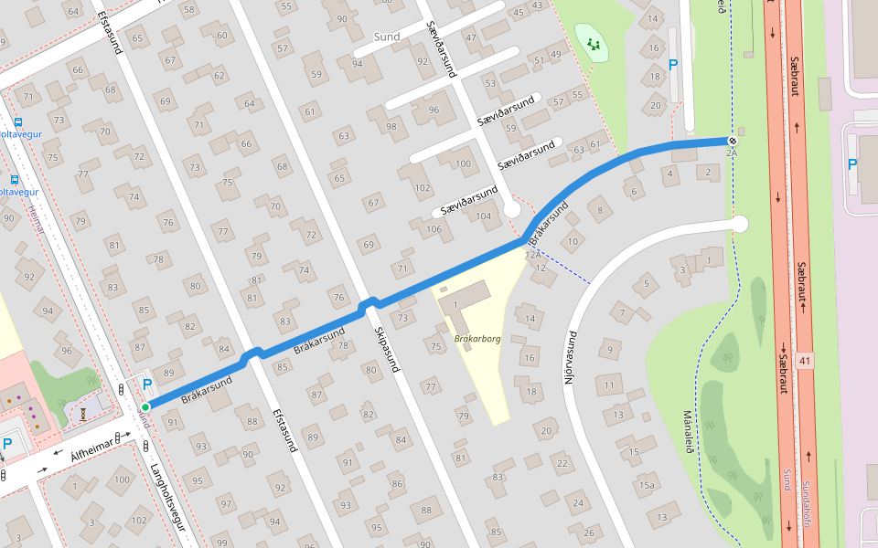 Brákarsund walking route map in Reykjavík