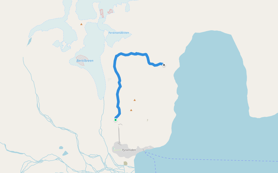 to the Mumien (dangerous trail!) walking route map in Barentsburg