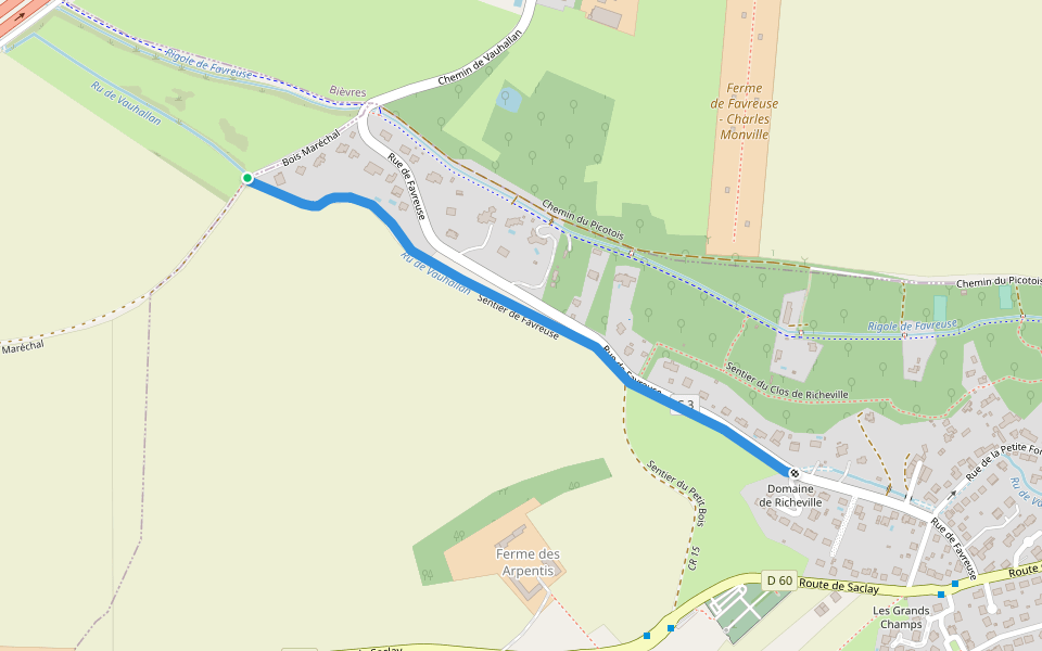 Sentier de Favreuse walking route map in Vauhallan