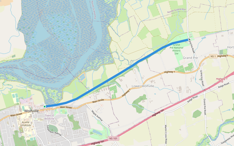 Harvest Moon Trailway walking route map in Wolfville