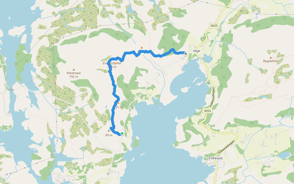 Einingsfjellet walking route map in Korssund