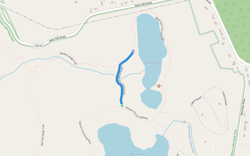 Mud Pond Trail (red-orange) walking route map in Wilton