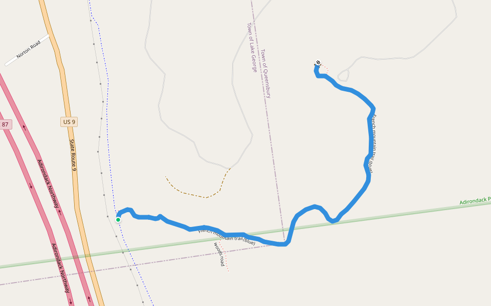 French mountain trail (blue) walking route map in Lake George