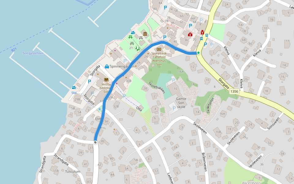 Storgata walking route map in Son