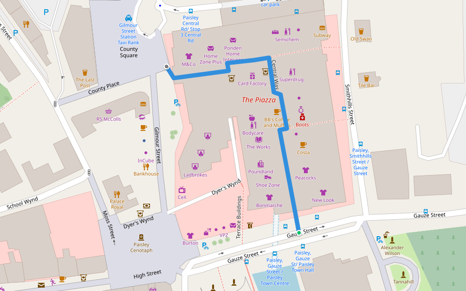 Central Way walking route map in Paisley