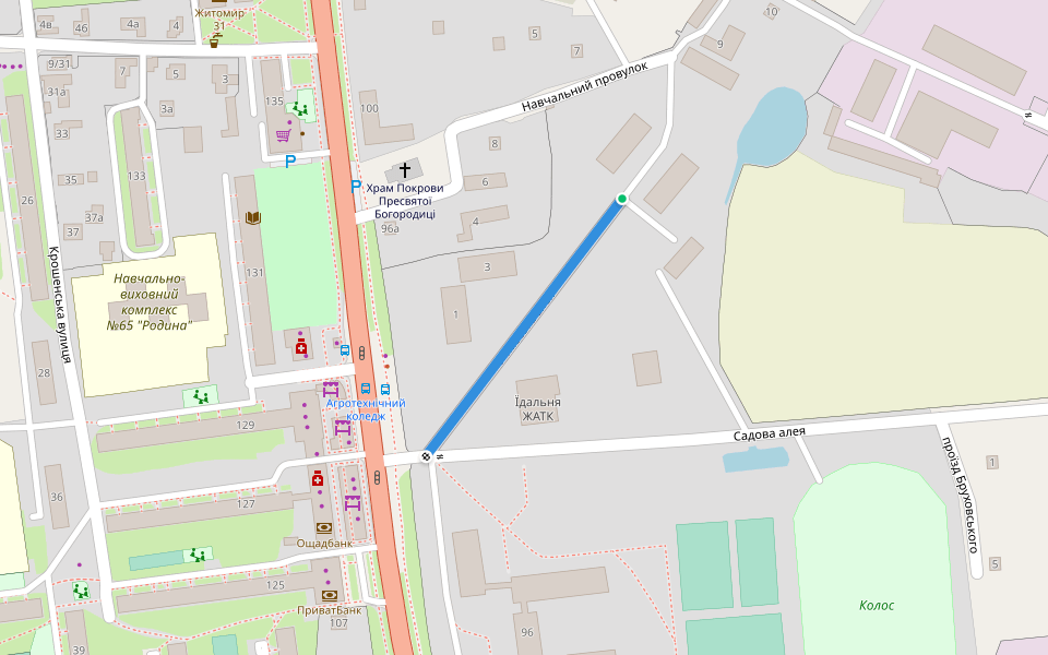 Учнівська алея walking route map in Zhytomyr