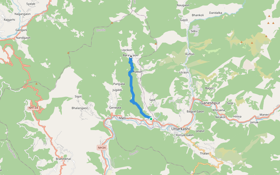 Barangaon to Gyansu walking route map in Dilsaur