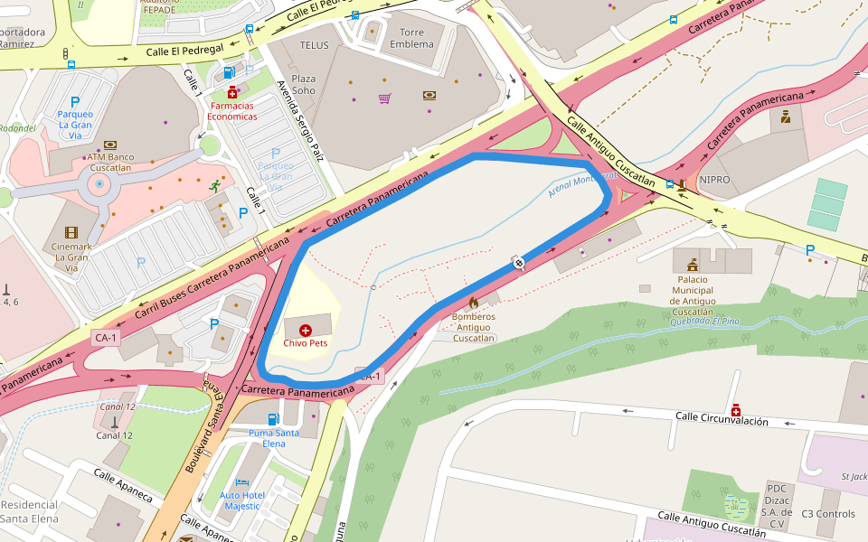 Area circulación peatonal sin acera walking route map in Santa Tecla