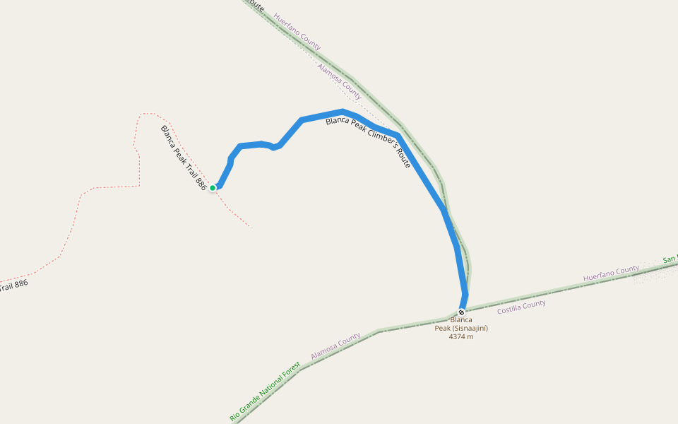 Blanca Peak Climber's Route walking route map in Mosca