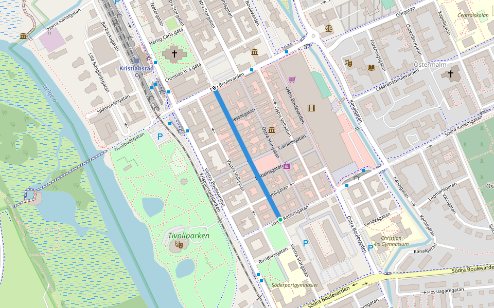 Västra Storgatan walking route map in Kristianstad