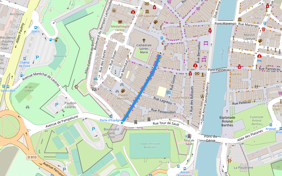 Rue d'Espagne walking route map in Bayonne