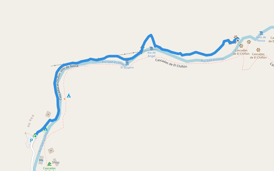 Cascadas el Chiflon Velo de Novia walking route map in San Cristobalito
