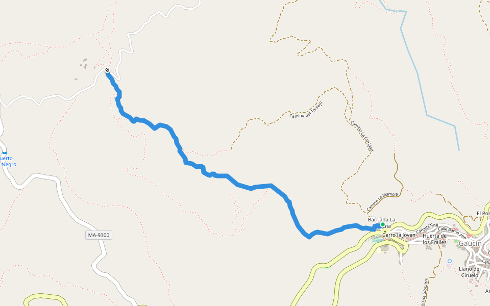 Camino de los Hinojales walking route map in Gaucín