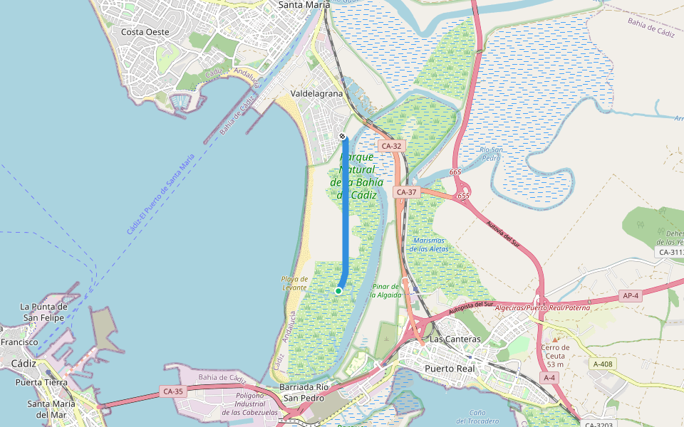 Pista Parque Natural los Toruños walking route map in El Puerto de Santa María