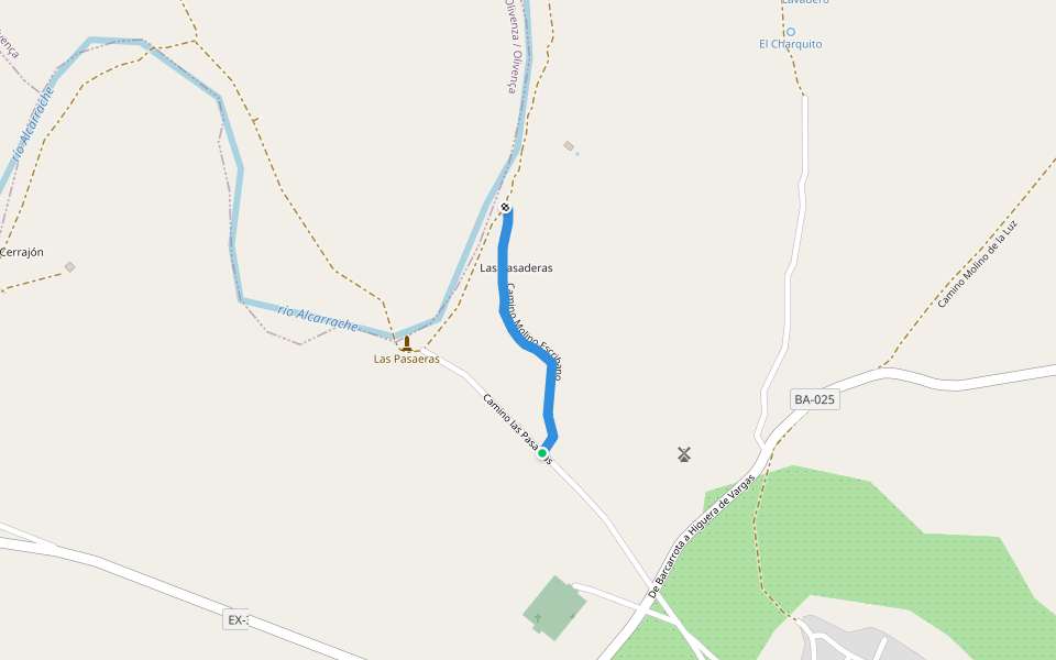 Camino Molino Escribano walking route map in Higuera de Vargas