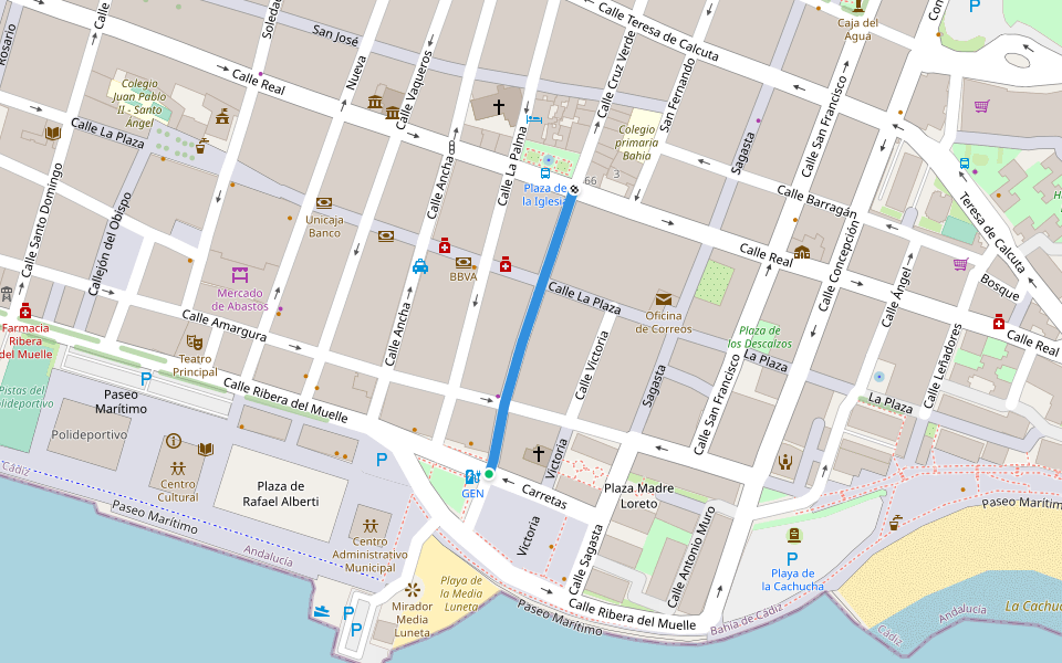 Calle Cruz Verde walking route map in Puerto Real