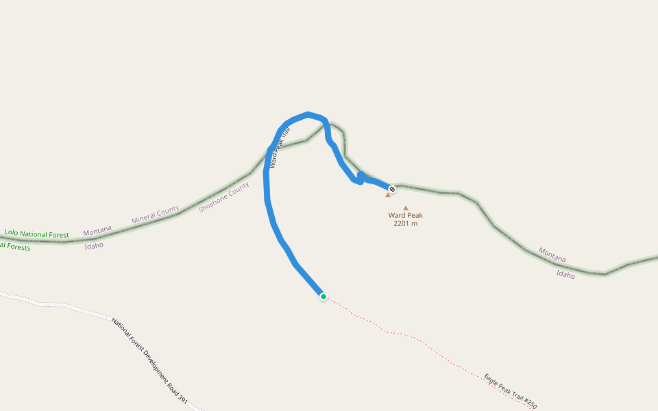 Ward Peak Trail walking route map in Saltese