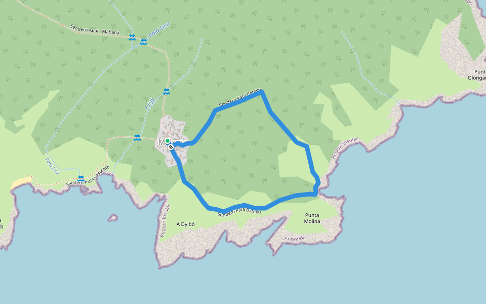 Sendero Patá Bateku walking route map in Mabana