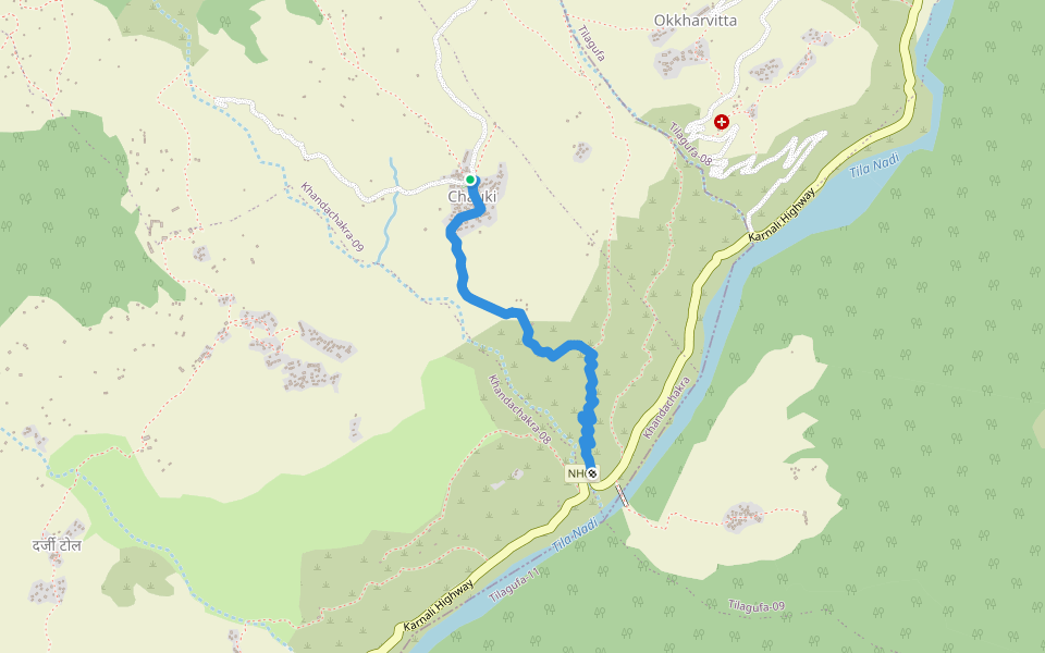 Karnali Highway to Chauki walking route map in Pakha
