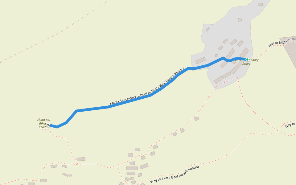 Kalika Secondary School to Ekata Baal Bikash Kendra walking route map in Jubitha