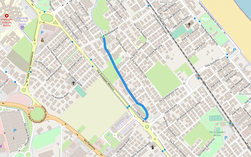 Vicolo Comelli walking route map in Rimini