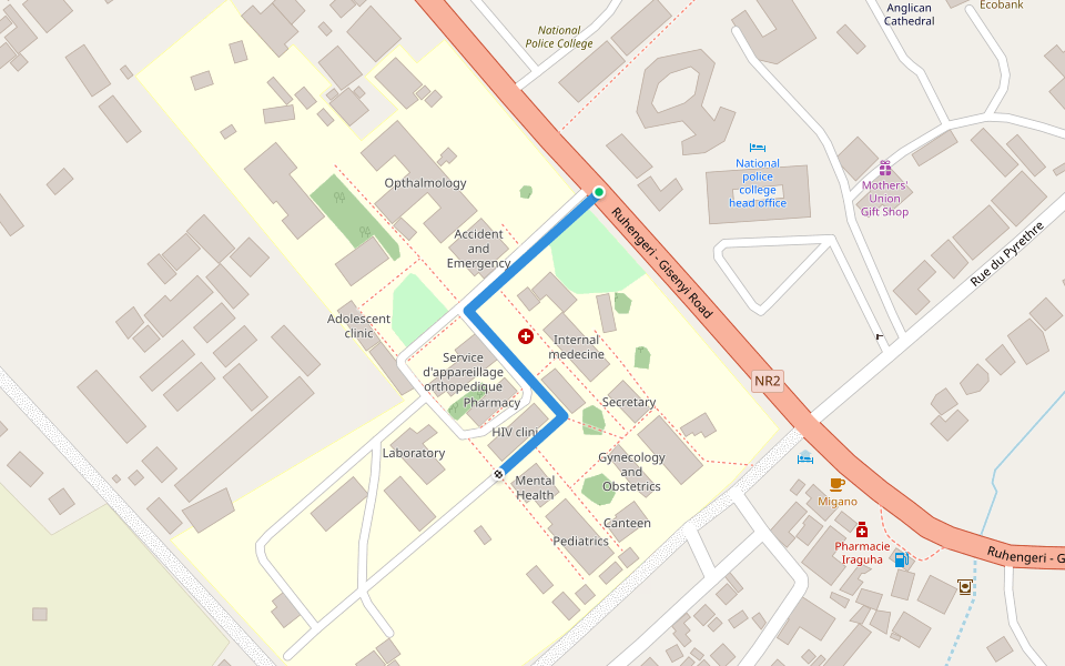 Main Gate to Laboratoratory walking route map in Ruhengeri