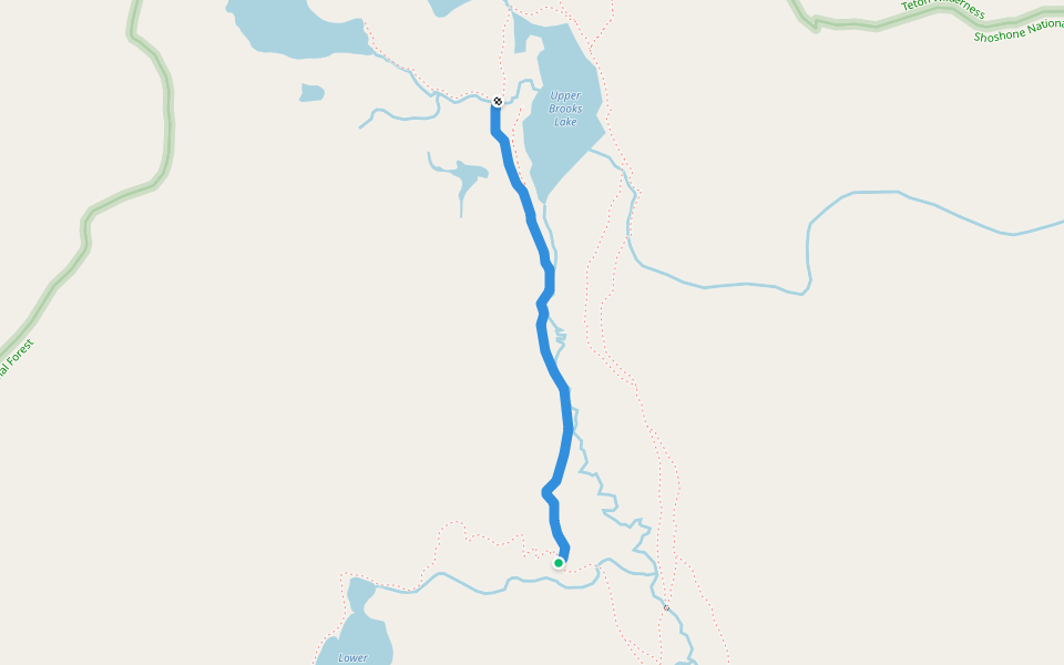 Upper Brooks Lake Trail walking route map in Dubois