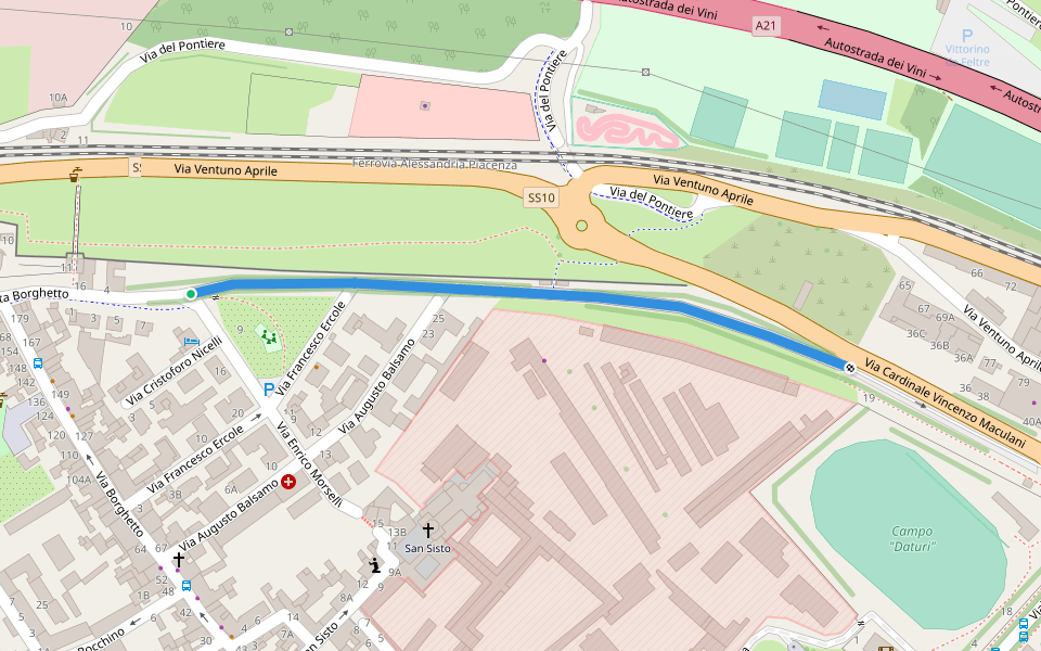 Via Cardinale Maculani walking route map in Piacenza