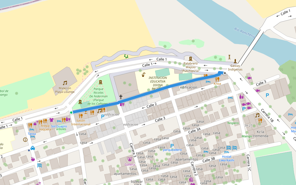 Calle 1A walking route map in Riohacha