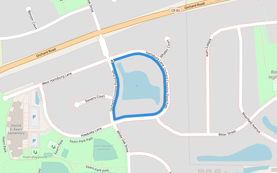 Orchard Crossing Pond Path walking route map in North Aurora