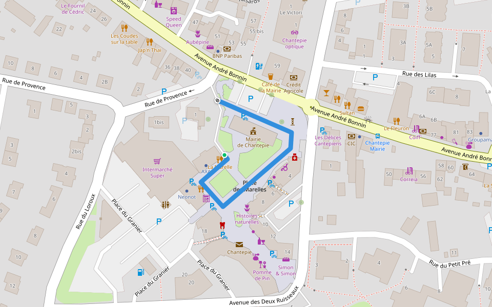 Place des Marelles walking route map in Chantepie
