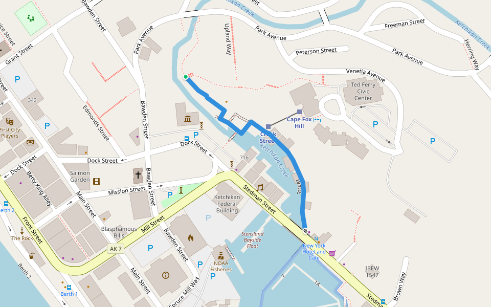 Creek Street walking route map in Ketchikan